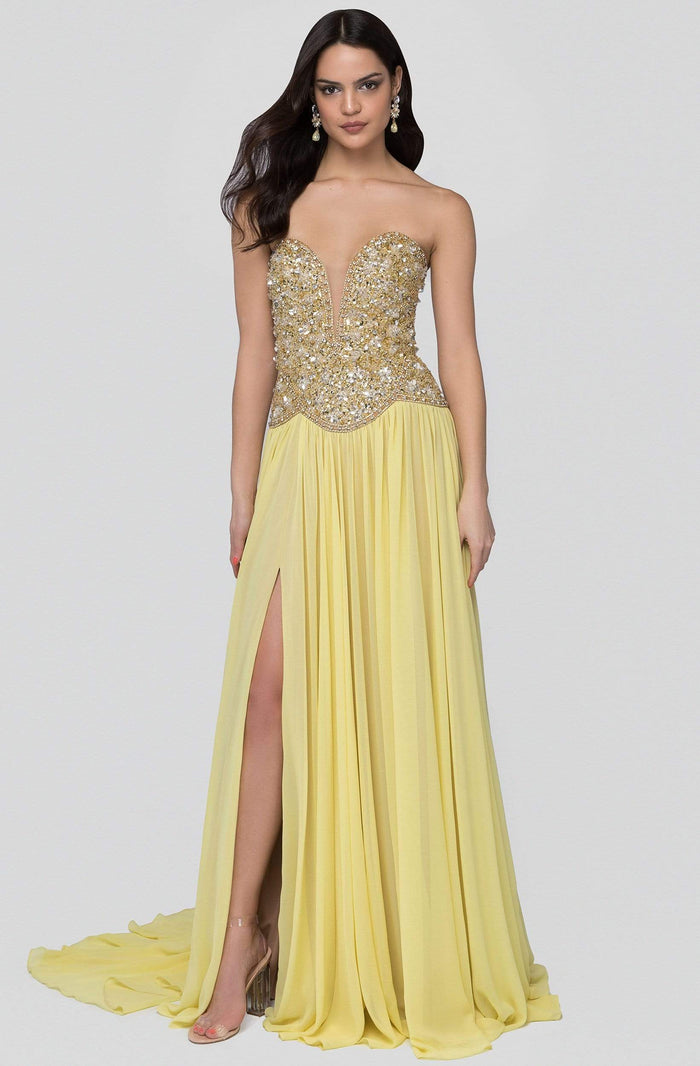 Terani Couture - 1912P8239 Beaded Plunging Sweetheart Dress Special Occasion Dress 0 / Lemon