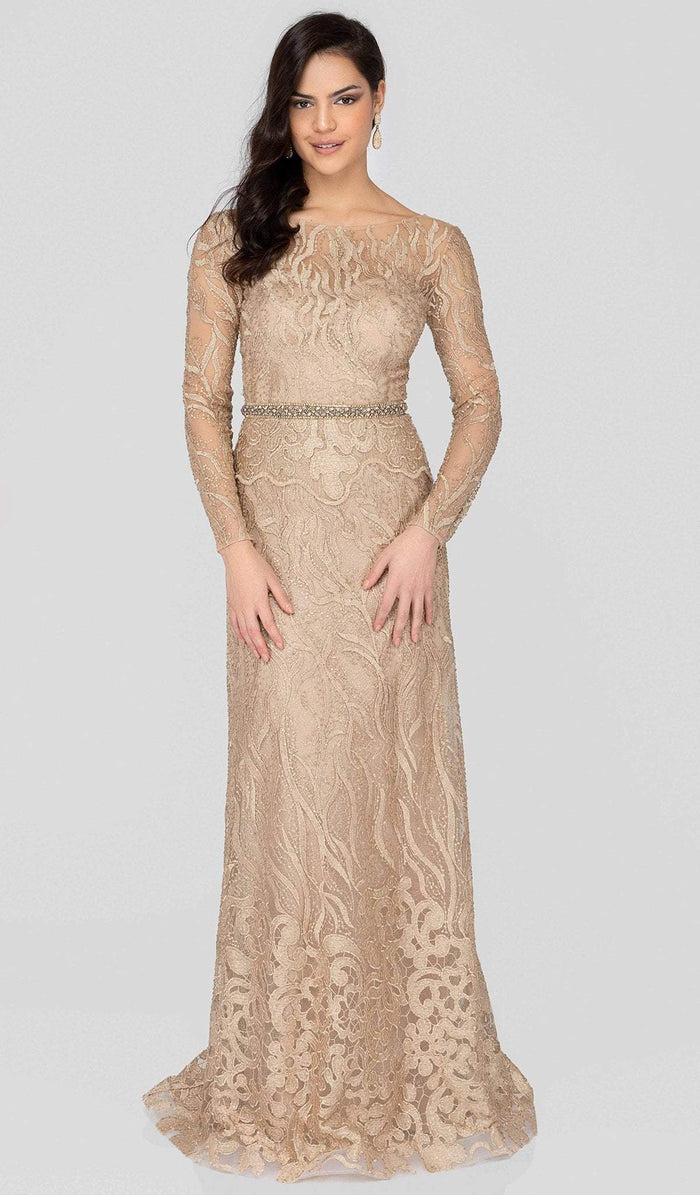Terani Couture - 1913E9229 Embellished Lace Long Sleeve A-line Dress Special Occasion Dress 0 / Gold Nude