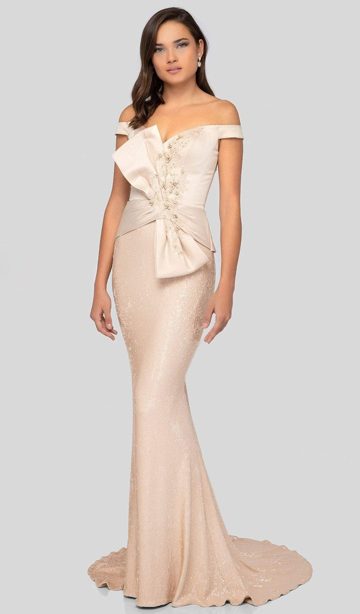 Terani Couture - 1913E9247 Lace Off-Shoulder Sheath Dress With Train Special Occasion Dress 0 / Champagne