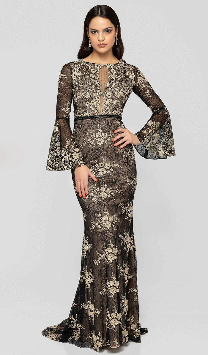 Terani Couture - 1913E9257 Lace Long Bell Sleeve Trumpet Dress Special Occasion Dress 0 / Black Gold