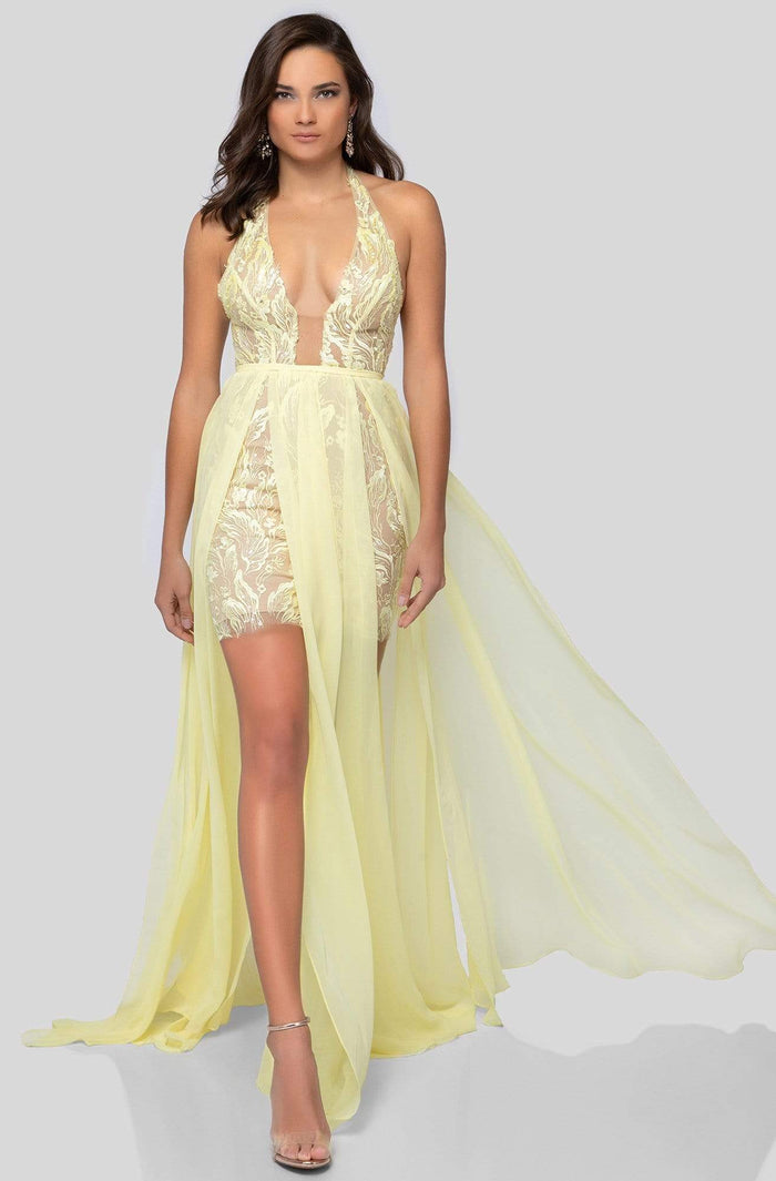 Terani Couture - 1913P8314 Beaded Lace Deep Halter Vneck Chiffon Dress Prom Dresses 0 / Yellow Nude