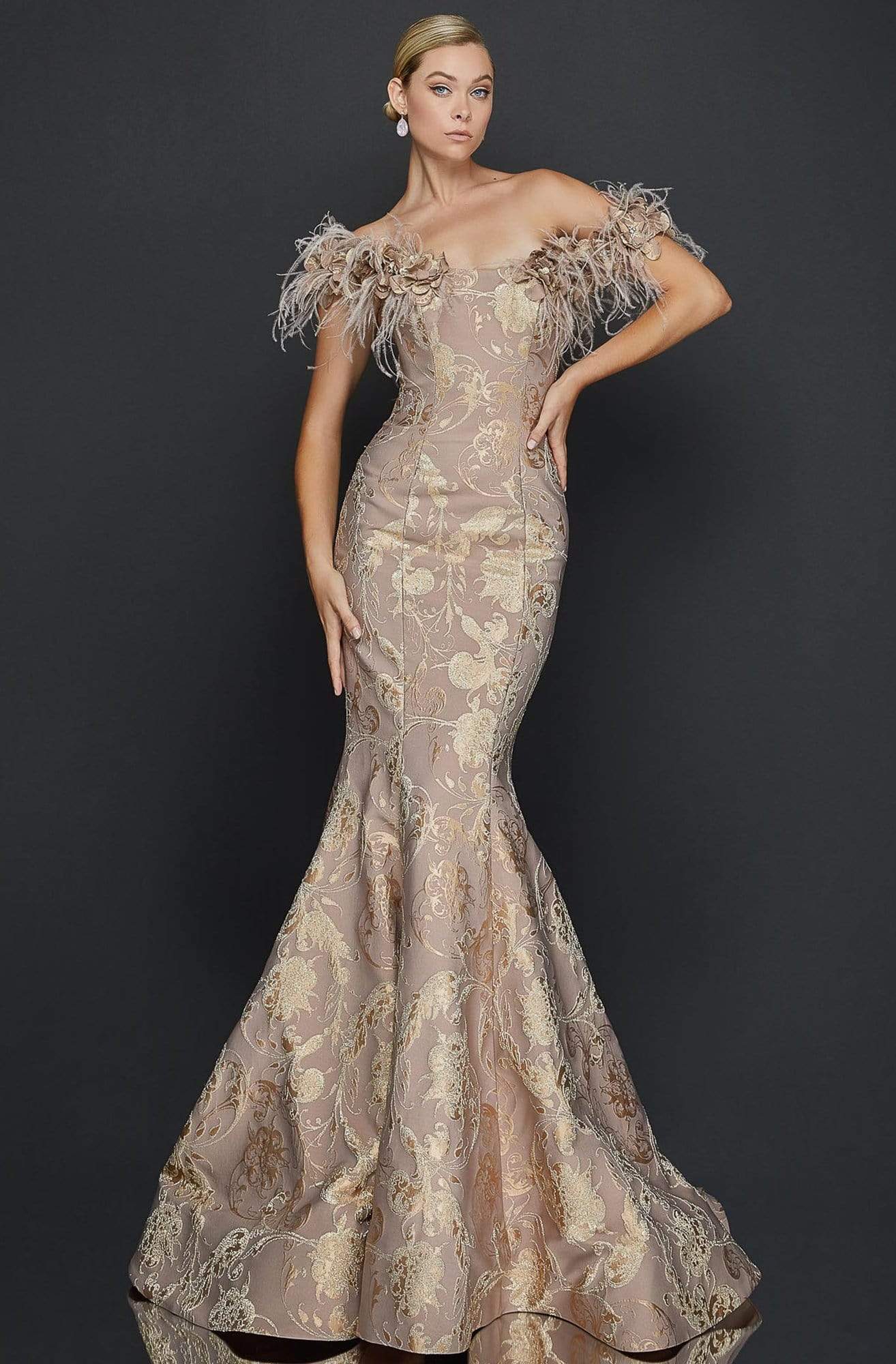 Ostrich Feather Fringed Bejeweled Mermaid Gown - 1911GL9512