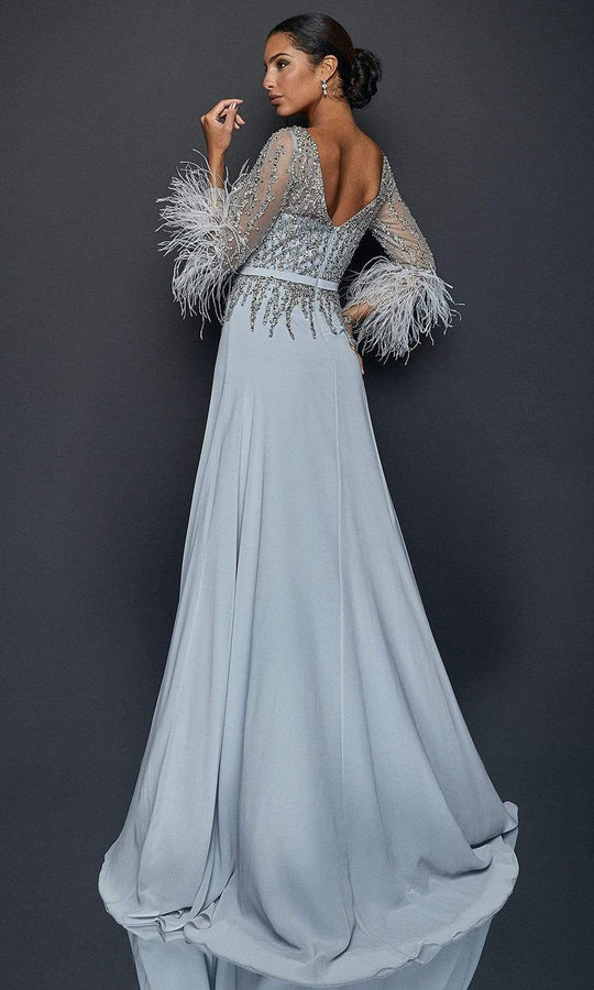 Terani Couture - 1921M0473 Feather-Fringed Quarter Sleeve Jeweled Gown