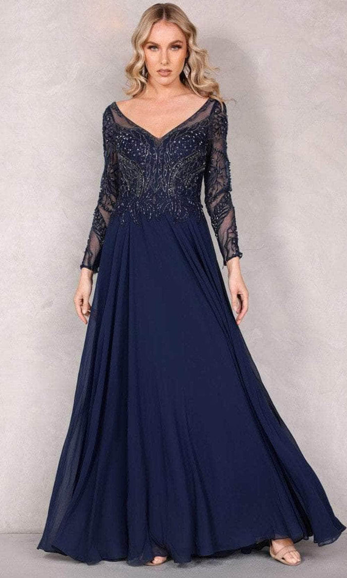Terani Couture 1921M0494 - Long Sleeve V-Neck Long Dress Evening Dress 0 / Navy