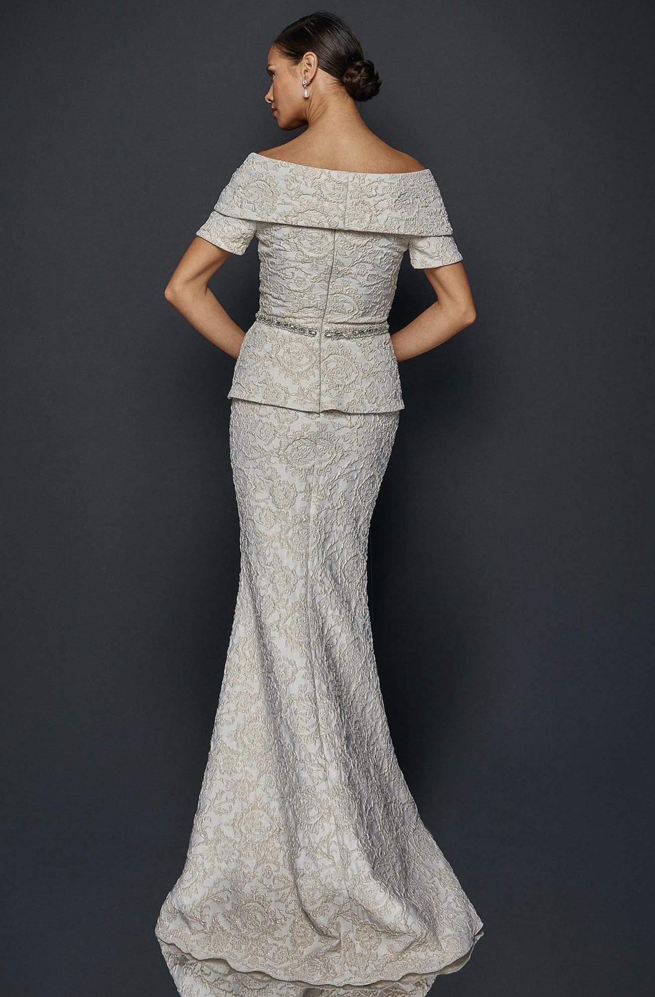 Terani Couture - 1921M0727 Off Shoulder V Neck Beaded Belt Sheath
