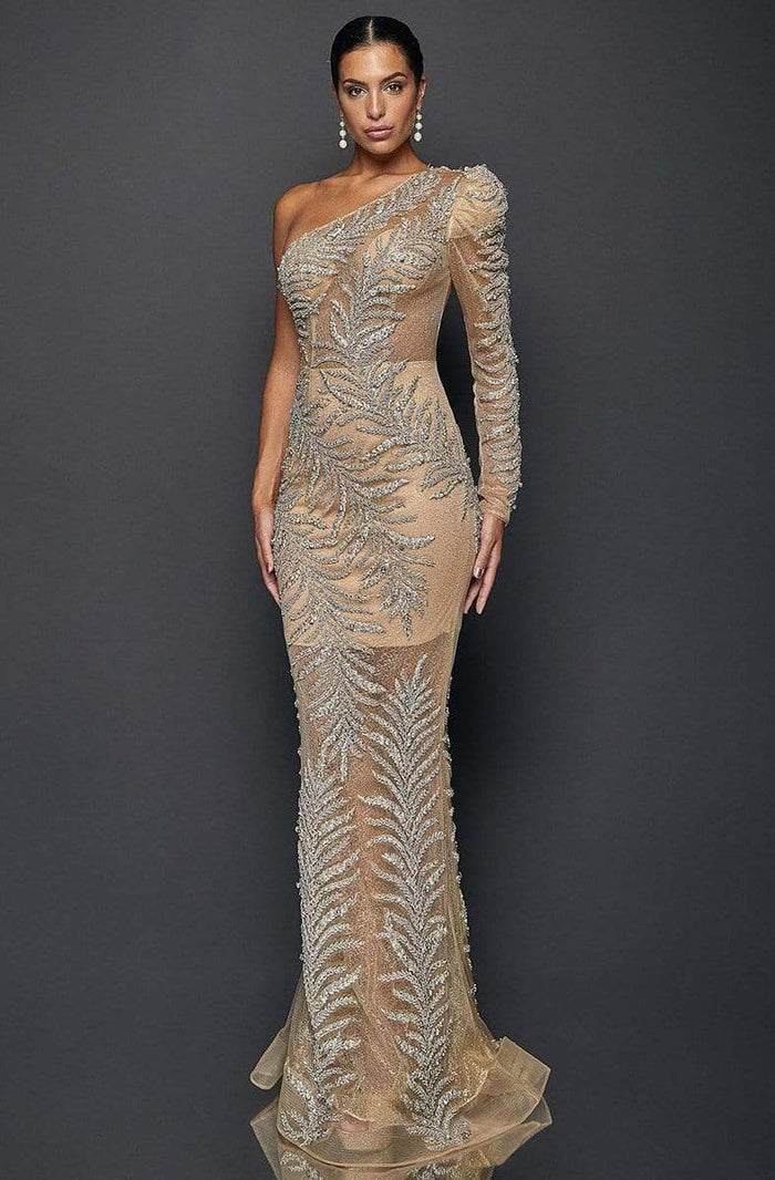 Terani Couture - 1922GL0659 Embellished Asymmetric Long Sheath Dress Evening Dresses 0 / Champagne