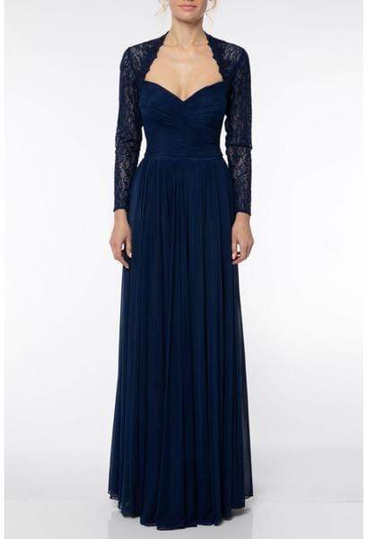 Terani Couture - 1923M0597 Lace Long Sleeve Pleated A-line Dress Mother of the Bride Dresses 0 / Navy