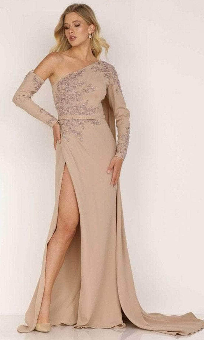 Terani Couture 2011E2037 - One Sleeve With Cape Long Dress Evening Gown 0 / Mocha
