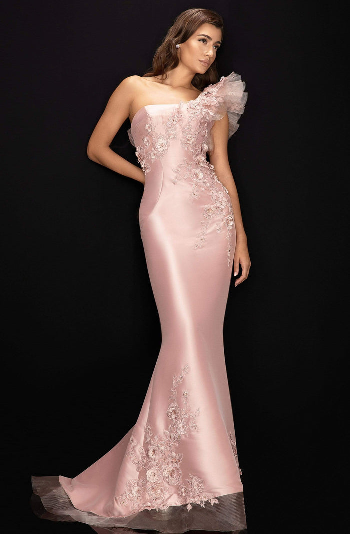 Terani Couture - 2011E2094 Floral Applique One Shoulder Trumpet Dress Mother of the Bride Dresses 0 / Rose