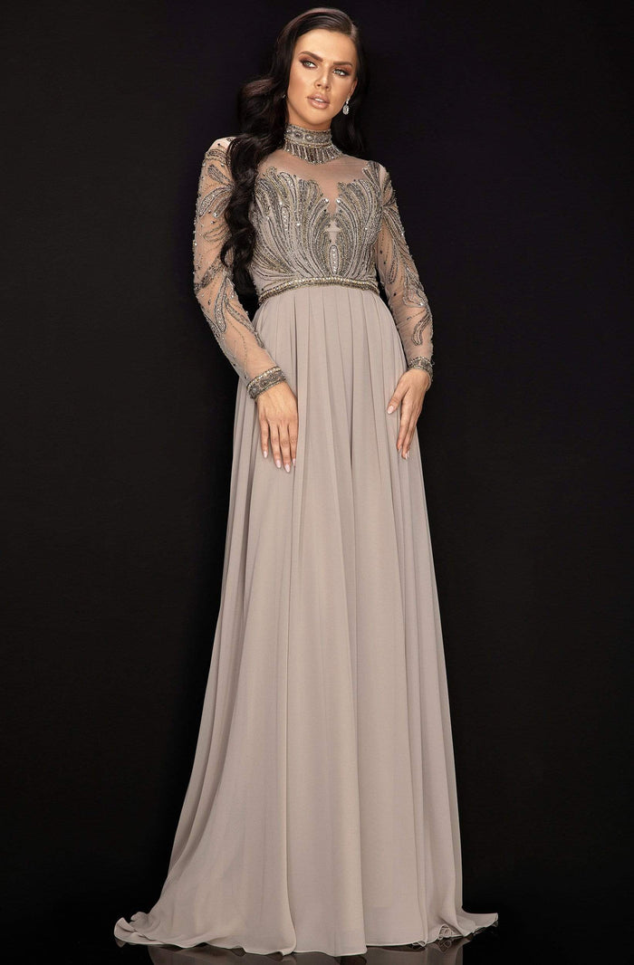 Terani Couture - 2011M2126 Embellished Long Sleeve High A-line Dress Mother of the Bride Dresses 0 / Mocha