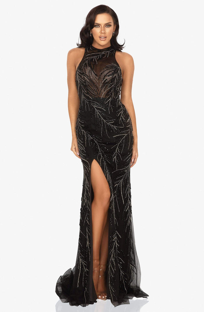 Terani Couture - 2011P1058 Sequined Illusion Gown with Slit Evening Dresses 00 / Black Gunmetal