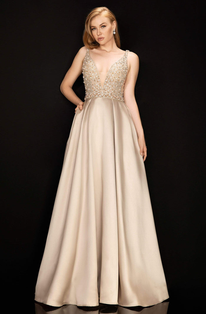 Terani Couture - 2011P1094 Embellished Deep V-neck Pleated A-line Gown Prom Dresses 00 / Sand