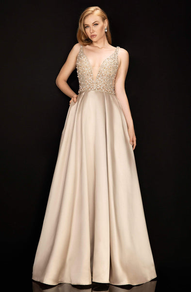 Terani Couture 2011P1094 - Long A-line Dress - Sleeveless, Plunging neckline, Sheer inset, Embellishments, Fitted bodice, A-line skirt, Low V-back, Pockets Couture Candy Terani Couture 2011P1094 - Long A-line Dress - Sleeveless, Plunging neckline, Sheer inset, Embellishments, Fitted bodice, A-line skirt, Low V-back, Pockets Couture Candy