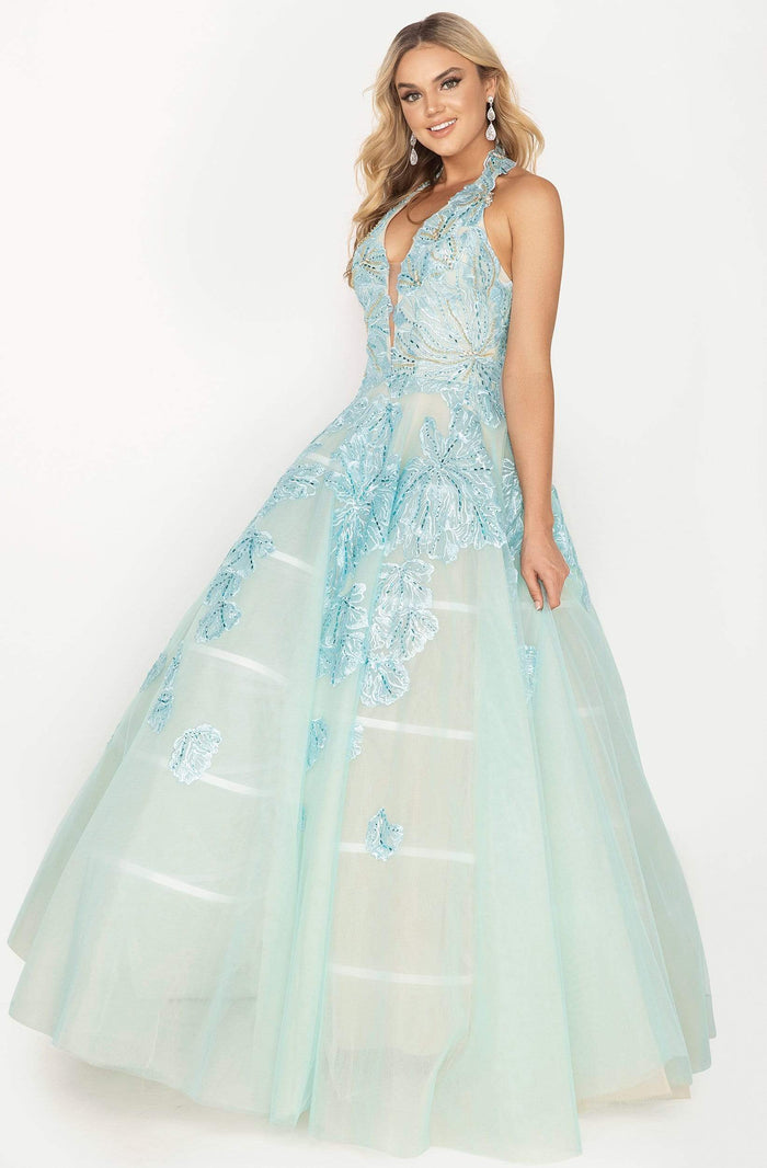 Terani Couture - 2011P1174 Embroidered Deep Halter V-neck Ballgown Prom Dresses 00 / Dusty Blue