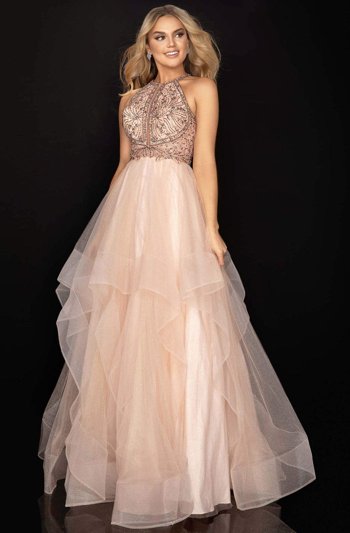 Terani Couture - 2011P1217 Ornate Illusion Paneled Halter A-Line Gown Prom Dresses 00 / Blush