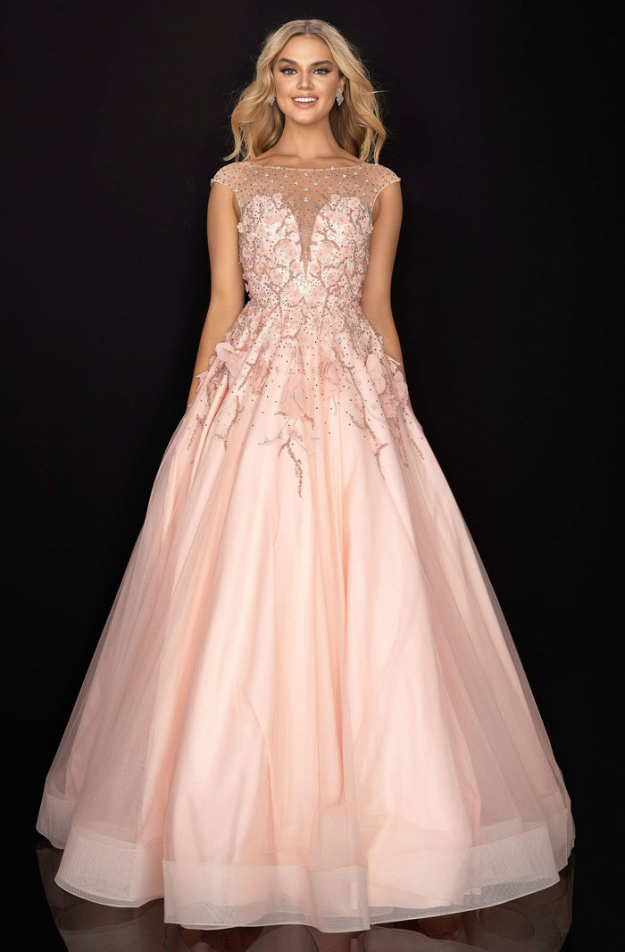Terani Couture - 2012P1411 Beaded Appliqued Illusion A-Line Gown Prom Dresses 00 / Peach
