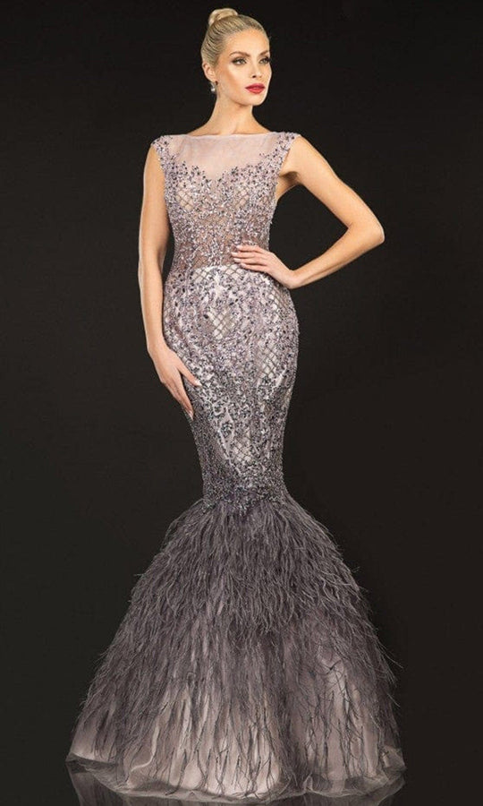 Terani Couture - 2021GL3577 Cap Sleeve Feathered Mermaid Gown