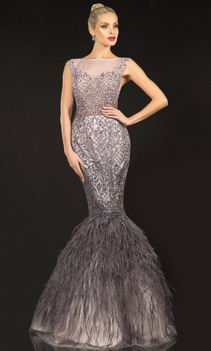 Terani Couture - 2021GL3577 Cap Sleeve Feathered Mermaid Gown In Gray