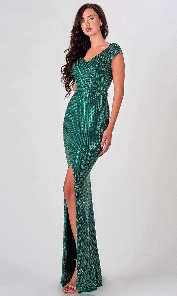 Terani Couture - 2021M2980 Surplice Bodice V-neck Long Dress - 1 pc Hunter Green In Size 8 Available CCSALE 8 / Hunter Green