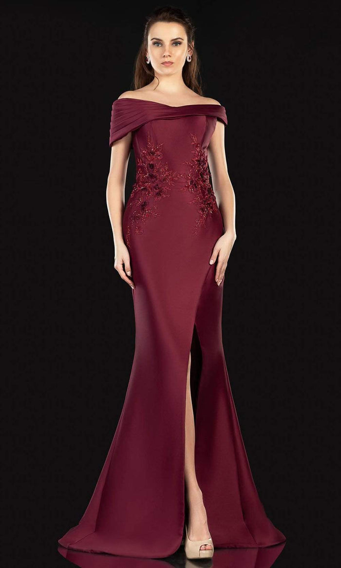 Terani Couture - 2021M2991 Lace Applique Off Shoulder Mikado Gown Mother of the Bride Dresses 00 / Wine