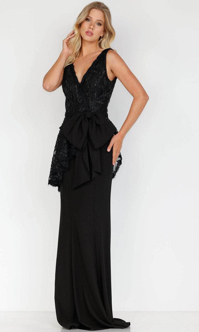 Terani Couture 2027E2938 - Lace V-Neck Peplum Evening Gown Evening Dresses 00 / Black