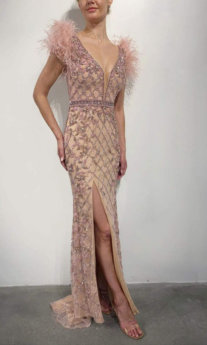 Terani Couture - 2027GL3248 Lattice Beaded Hight Slit Gown Evening Dresses 00 / Dusty Lilac