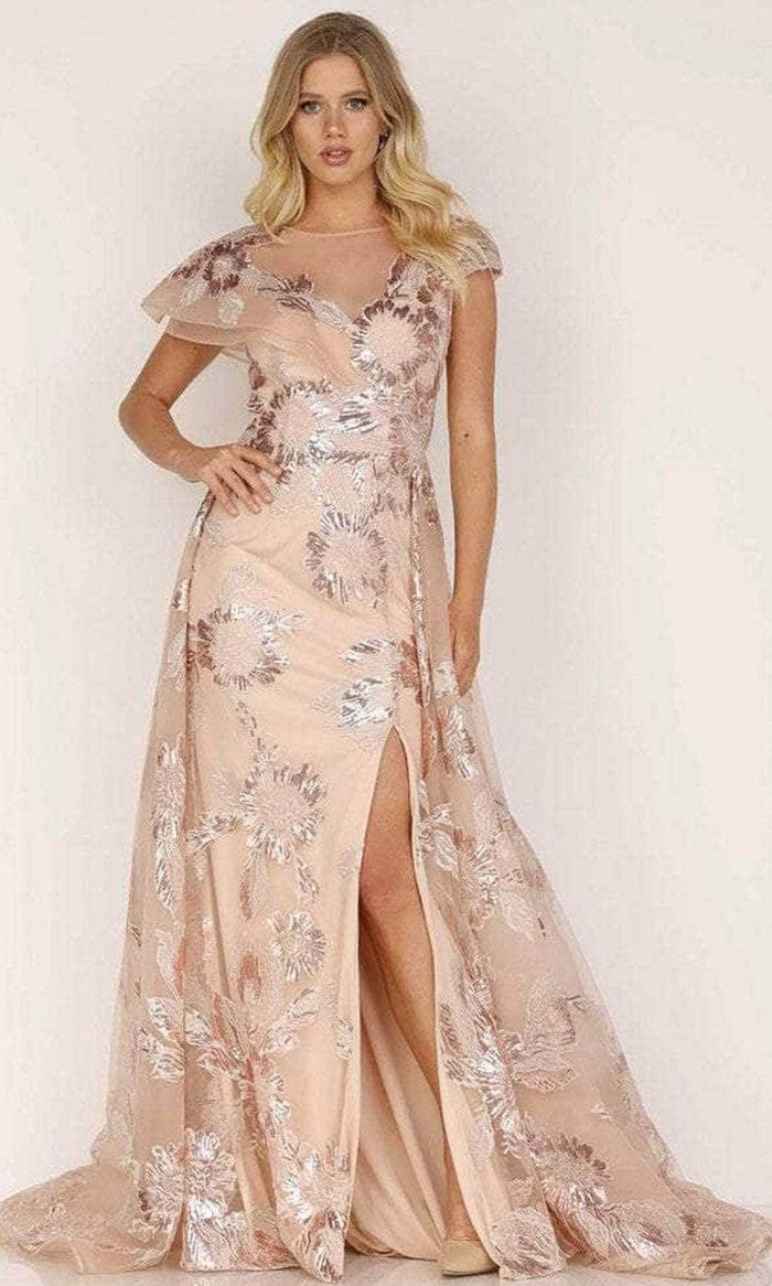 Terani Couture 2111E4724 - Metallic Floral Overskirt Evening Dress Evening Dresses 0 / Rose-Gold