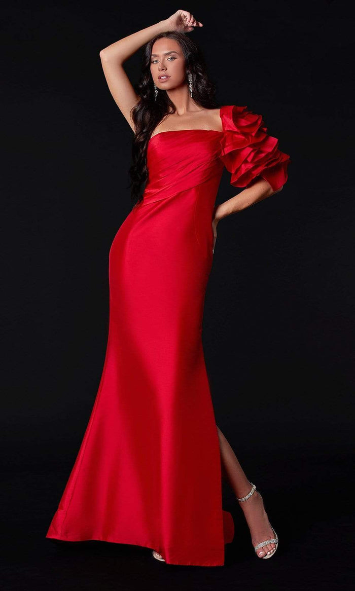 Terani Couture - 2111E4727 Ruffle-Ornate Half Sleeve Trumpet Gown Special Occasion Dress 00 / Red