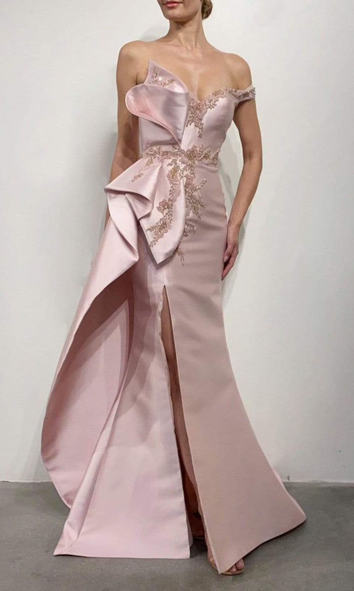 Terani Couture - 2111E4757 Bead-Ornate Draped High Slit Gown Evening Dresses 00 / Blush