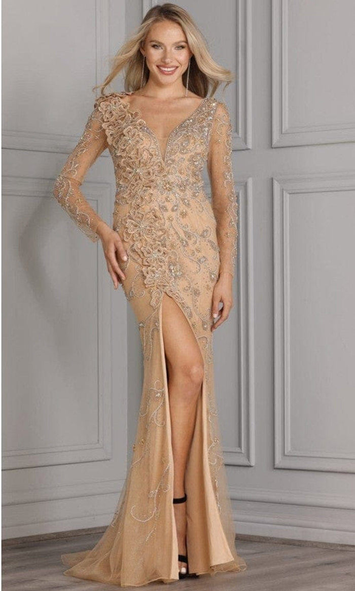 Terani Couture - 2111GL5023 Plunging V-Neck Appliqued Gown Special Occasion Dress 00 / Nude