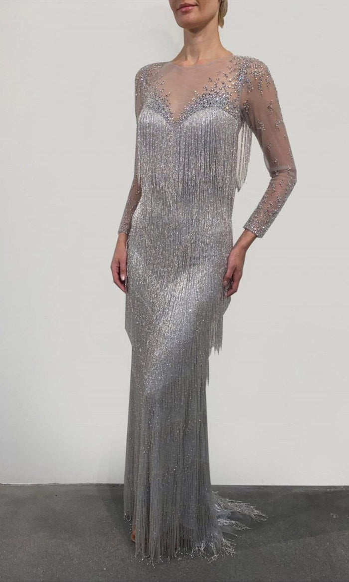 Terani Couture - 2111GL5037 Crystal Beaded Fringe-Ornate Gown Evening Dresses 00 / Silver Crystal