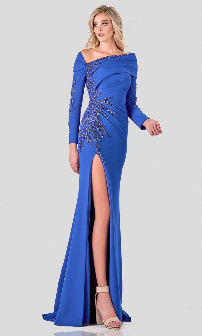 Terani Couture - 2111M5263 Beaded Long Sleeve Long Dress With Slit Evening Dresses 00 / Royal