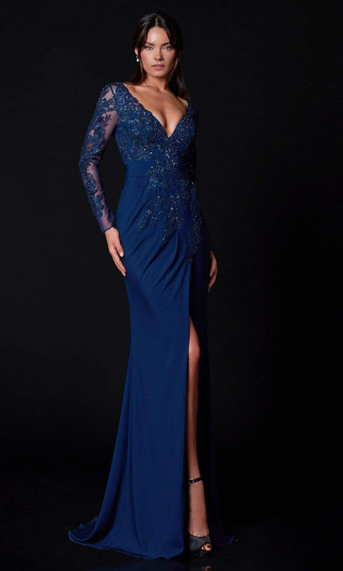 Terani Couture - 2111M5275 Beaded Appliques Dress with Slit Special Occasion Dress 00 / Navy