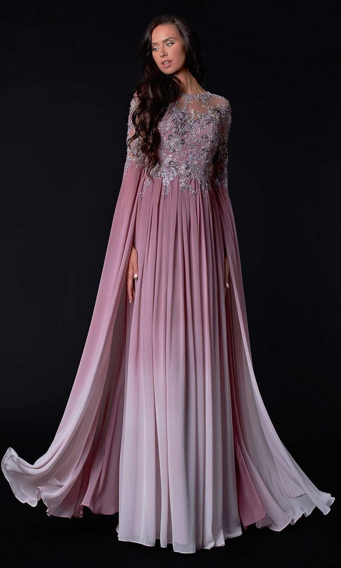 Terani Couture - 2111M5282 Embroidered Full Sleeves A-Line Dress Mother of the Bride Dresses 00 / Rose Ombre