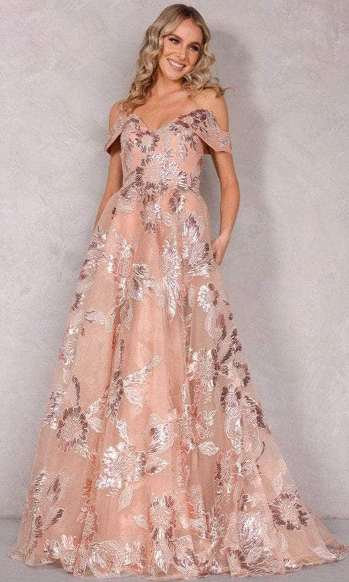 Terani Couture 2111P4104 - Off-Shoulder A-line Long Dress Evening Gowns 0 / Rose