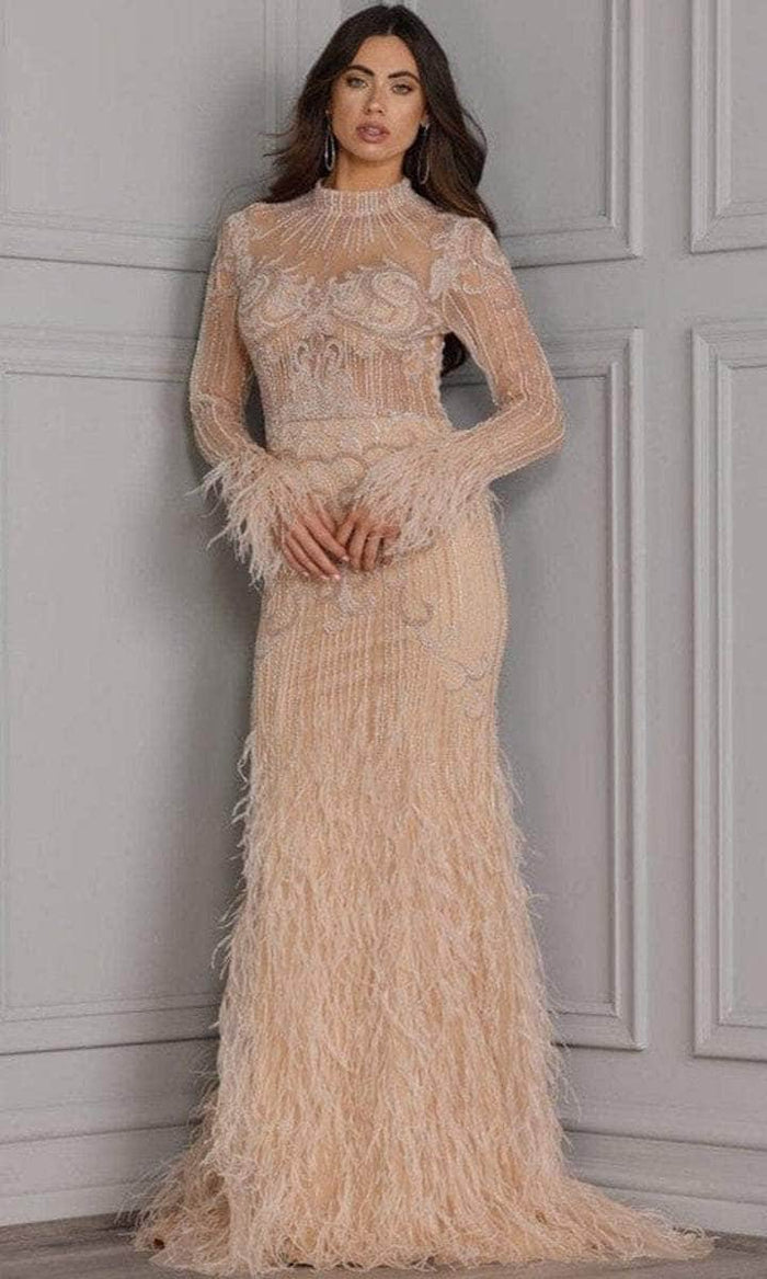 Terani Couture - 2214GL0108 Sheer Embellished High Neck Long Gown - 1 pc Blush In Size 4 Available CCSALE 4 / Blush