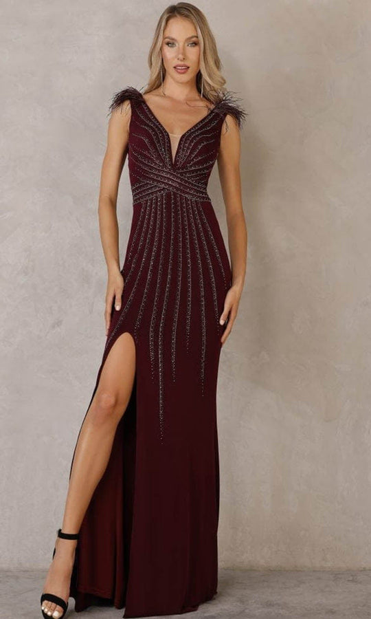 Terani Couture - 2215P0036 V-Neck Beaded Sheath Gown