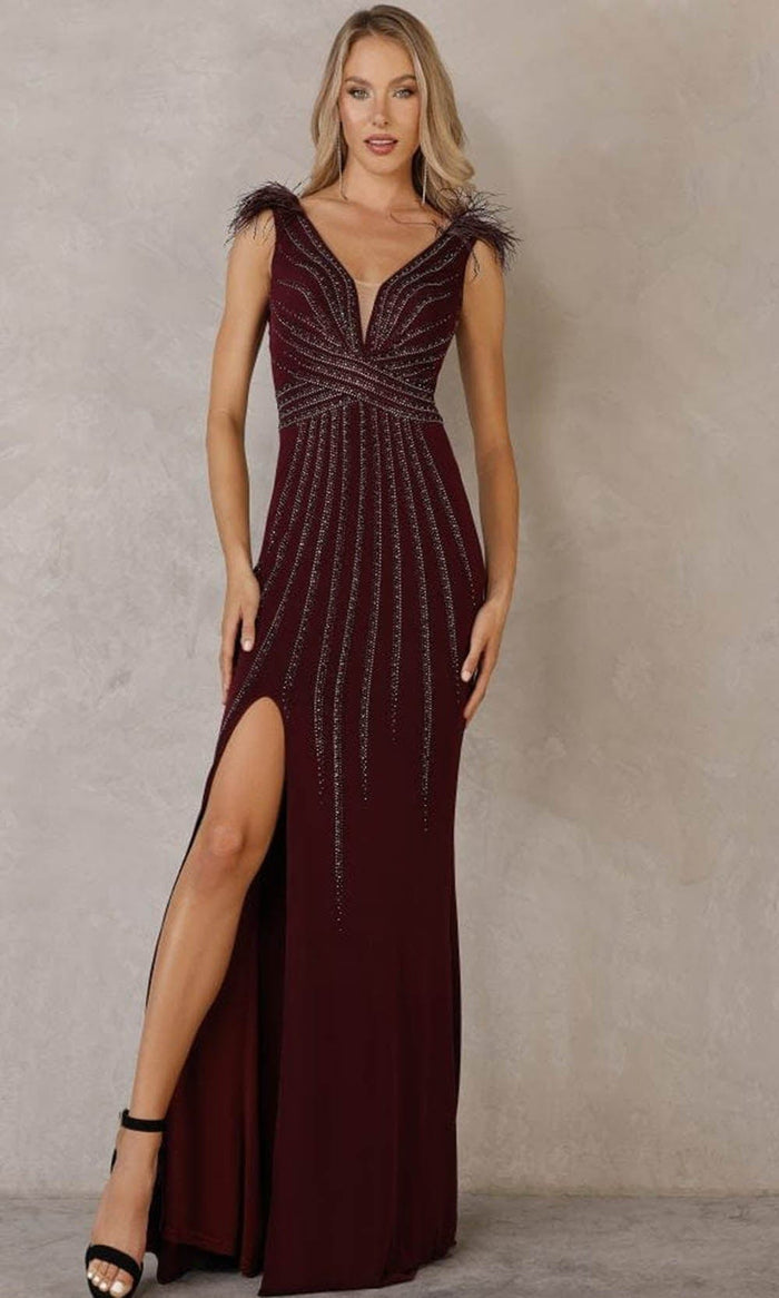 Terani Couture - 2215P0036 V-Neck Beaded Sheath Gown Prom Dresses 00 / Burgundy