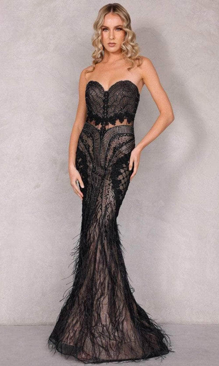 black ruffle short dress Long Prom Dress with Sheer Beaded V-Neck Bodice– PromGirl main image 0