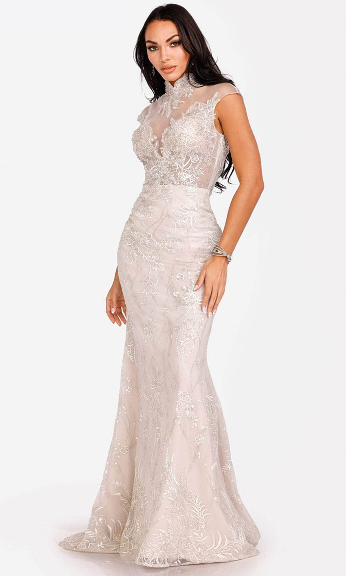 Terani Couture 231E0257 - High Neck Lace Evening Gown Special Occasion Dress 00 / Silver