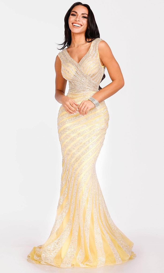 Terani Couture 231E0620 - V Neck Sleeveless Bodycon Gown Special Occasion Dress 00 / Yellow