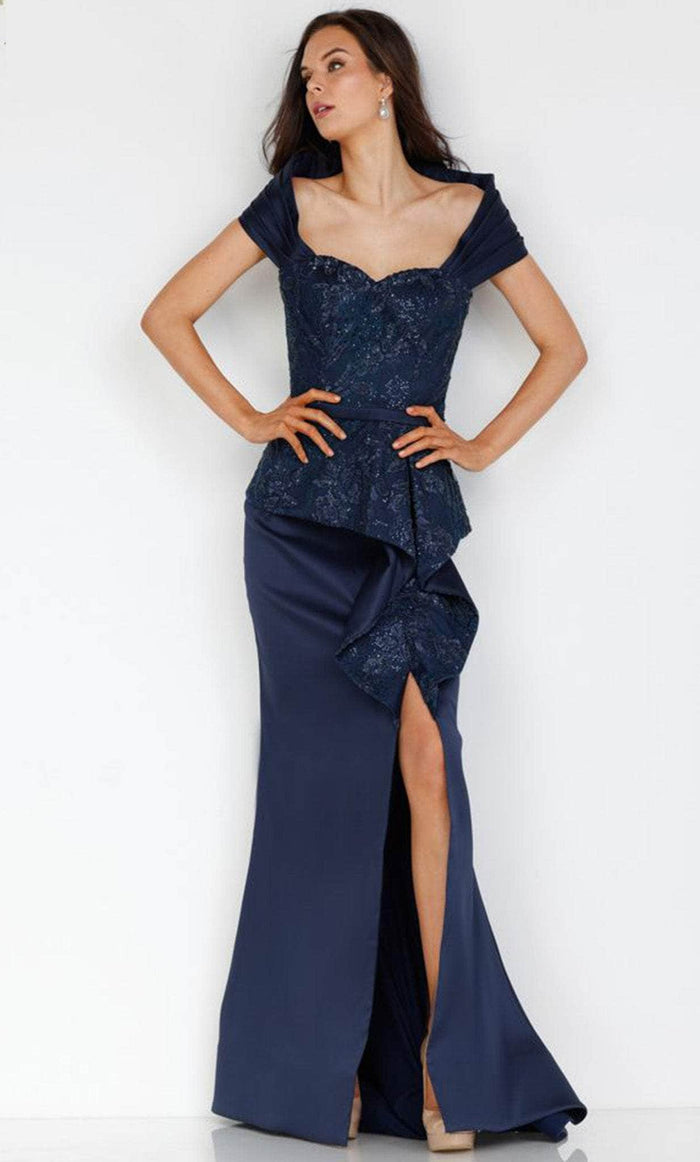 Terani Couture 231M0333 - Peplum Shawl Style Formal Gown Special Occasion Dress 0 / Navy