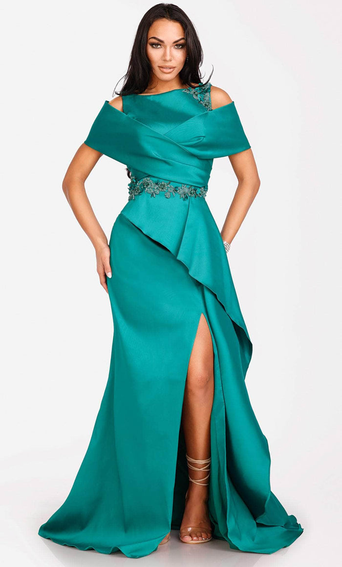 Terani Couture 231M0471 - Cold Shoulder High Neck Long Gown Special Occasion Dress 00 / Emerald