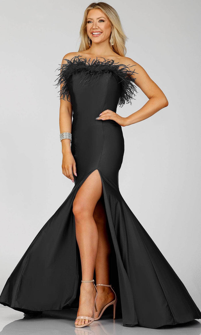 Terani Couture 231P0067 - Feather Detailed Strapless Prom Gown Special Occasion Dress 00 / Black