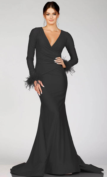 long sleeve prom dress with feathers One Feather-Sleeve Long Glitter Prom Dress CB131 Black / 2