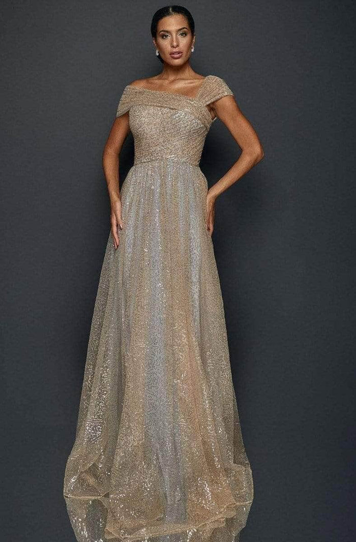 Terani Couture - Asymmetric Sequin Evening Gown 1922E0212 - 1 pc Gold Silver In Size 2 Available CCSALE 2 / Gold Silver