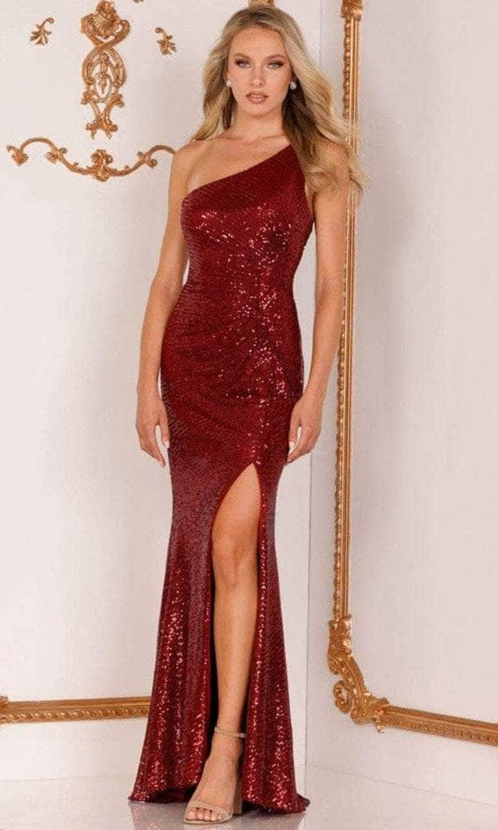 Terani Couture - Asymmetrical Glittered Prom Gown 2215P0021 - 1 pc Burgundy In Size 6 Available CCSALE 6 / Burgundy