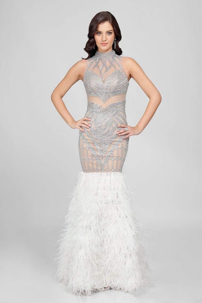 Terani Couture - Embellished Feather Fringed Mermaid Gown 1721GL4452 Special Occasion Dress 00 / Ivory Nude