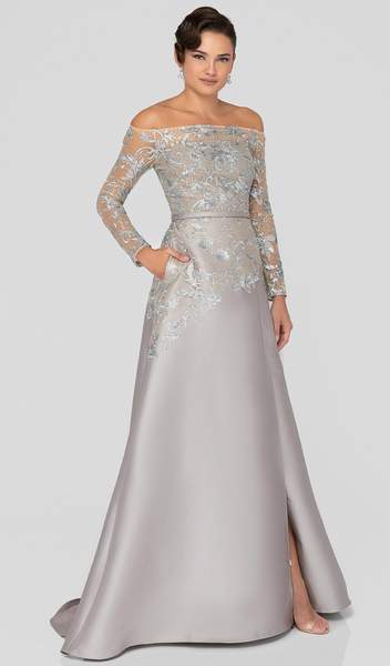 Terani Couture - Embroidered Off-Shoulder Long Sleeve Dress 1913E9230 CCSALE 20 / Silver Nude Taupe