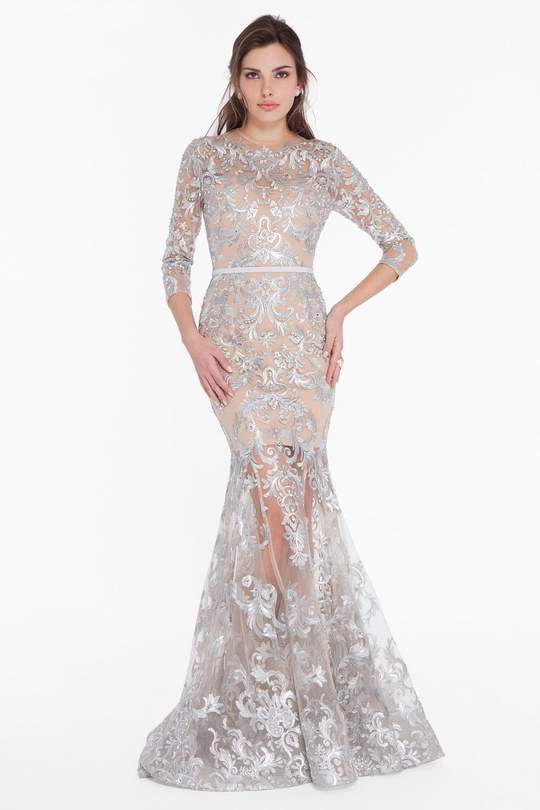 Terani Couture - Embroidered Sheer Jewel Trumpet Dress 1822GL7509 - 1 pc Silver Nude In Size 8 Available CCSALE 8 / Silver Nude